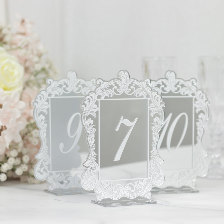 Silver Mirror Arch Acrylic Table Numbers (1-10) - 6"x7" Wedding Reception Signs with Baroque Lace