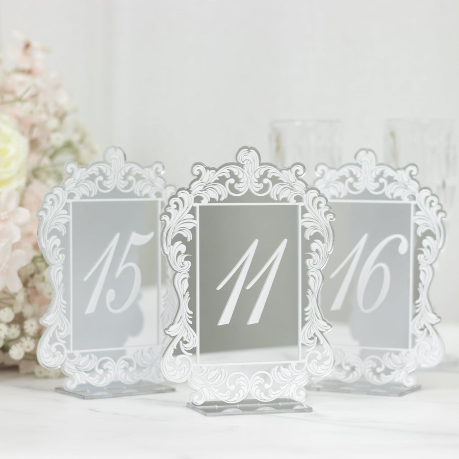 Silver Mirror Arch Acrylic Table Numbers (11-20) - 6"x7" Wedding Reception Signs with Baroque Lace