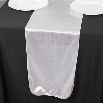 12"x108" Silver Shimmer Sequin Dots Polyester Table Runner, Wrinkle Free Sparkle Glitter Table Runner