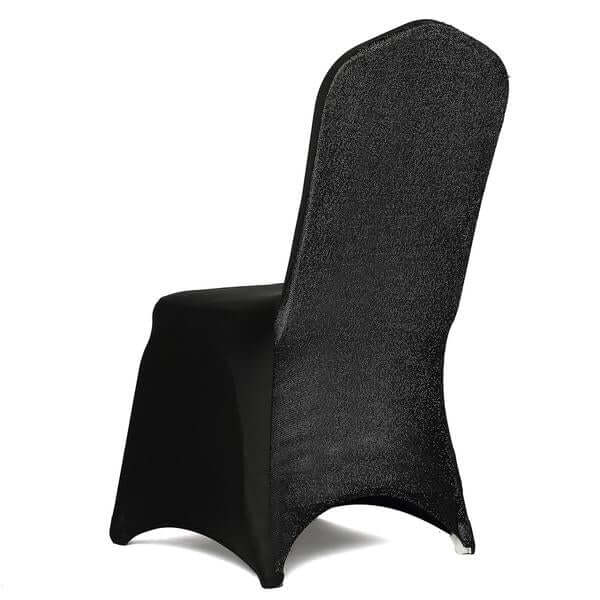 Black Spandex Stretch Banquet Chair Cover, Fitted with Metallic Shimmer Tinsel Back