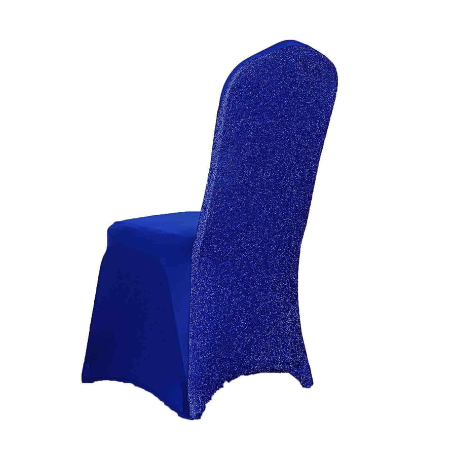 Royal Blue Spandex Stretch Banquet Chair Cover, Fitted with Metallic Shimmer Tinsel Back