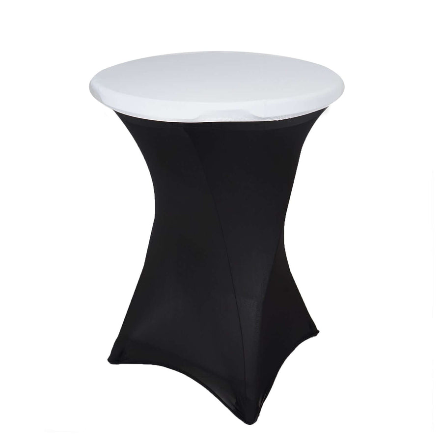 Black fitted table cover for round tables with a white top.