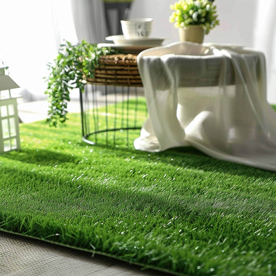 Artificial grass rug with realistic texture and vibrant green color.