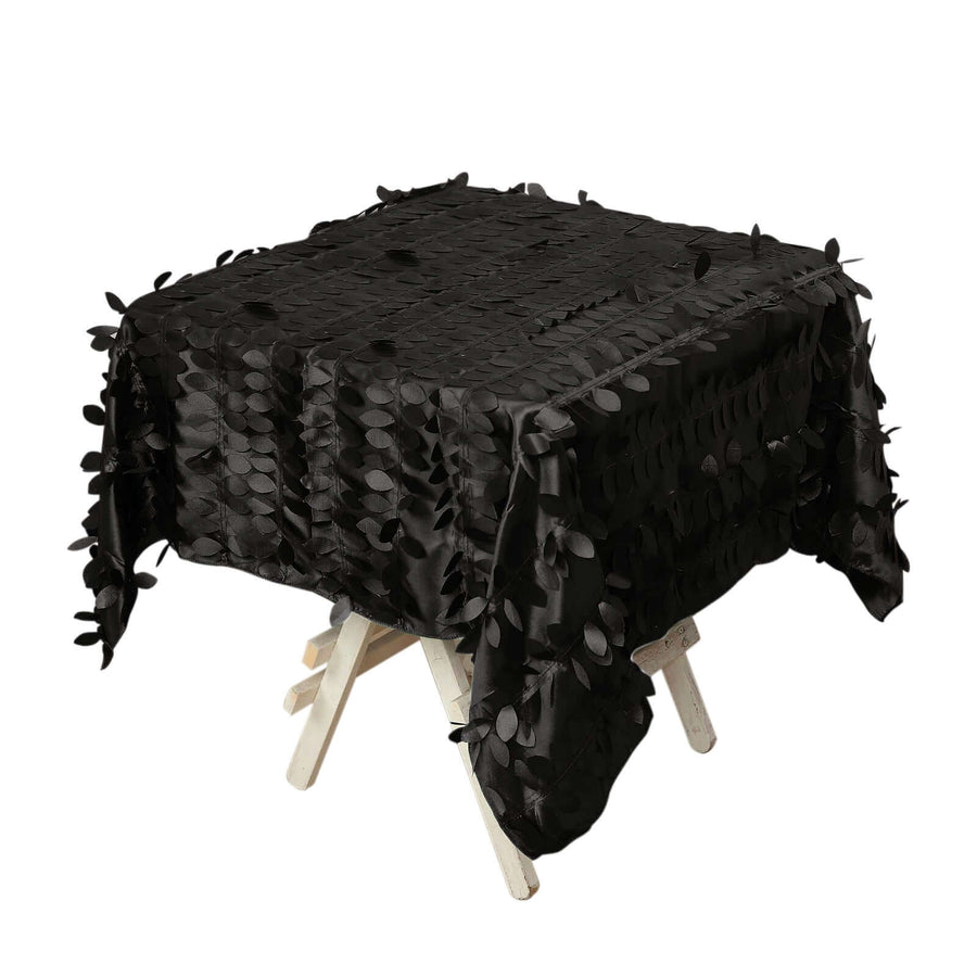 54" Black 3D Leaf Petal Taffeta Fabric Square Tablecloth