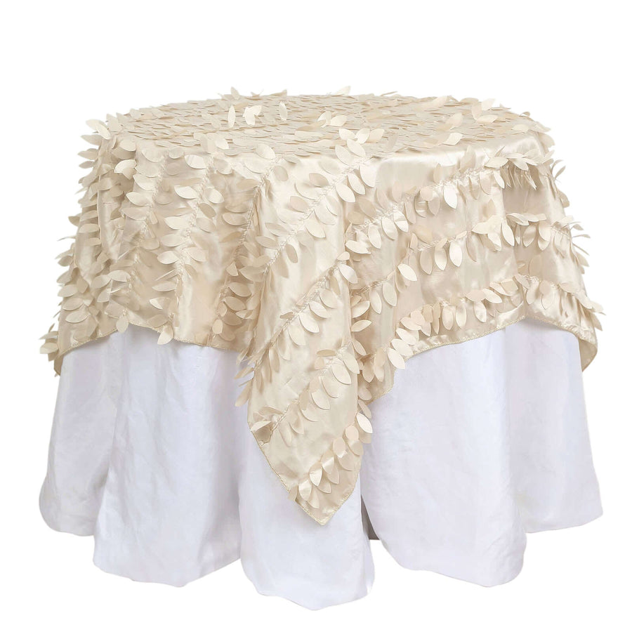 54" Beige 3D Leaf Petal Taffeta Fabric Square Table Overlay