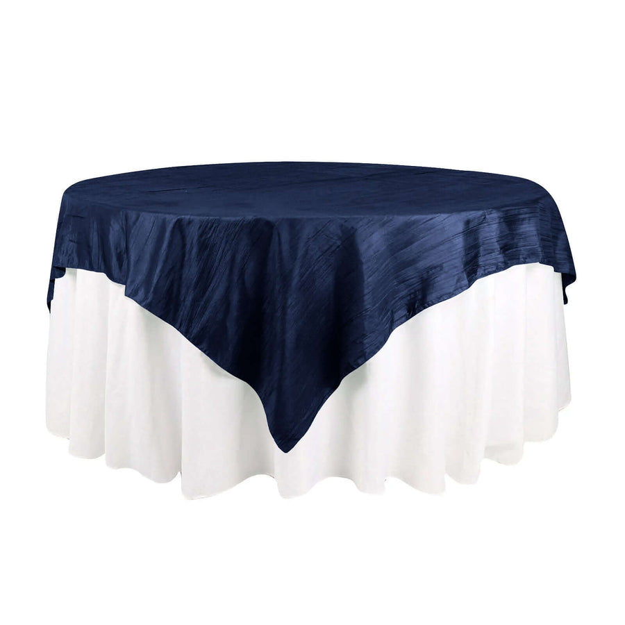 72x72Inch Navy Blue Accordion Crinkle Taffeta Table Overlay, Square Tablecloth Topper