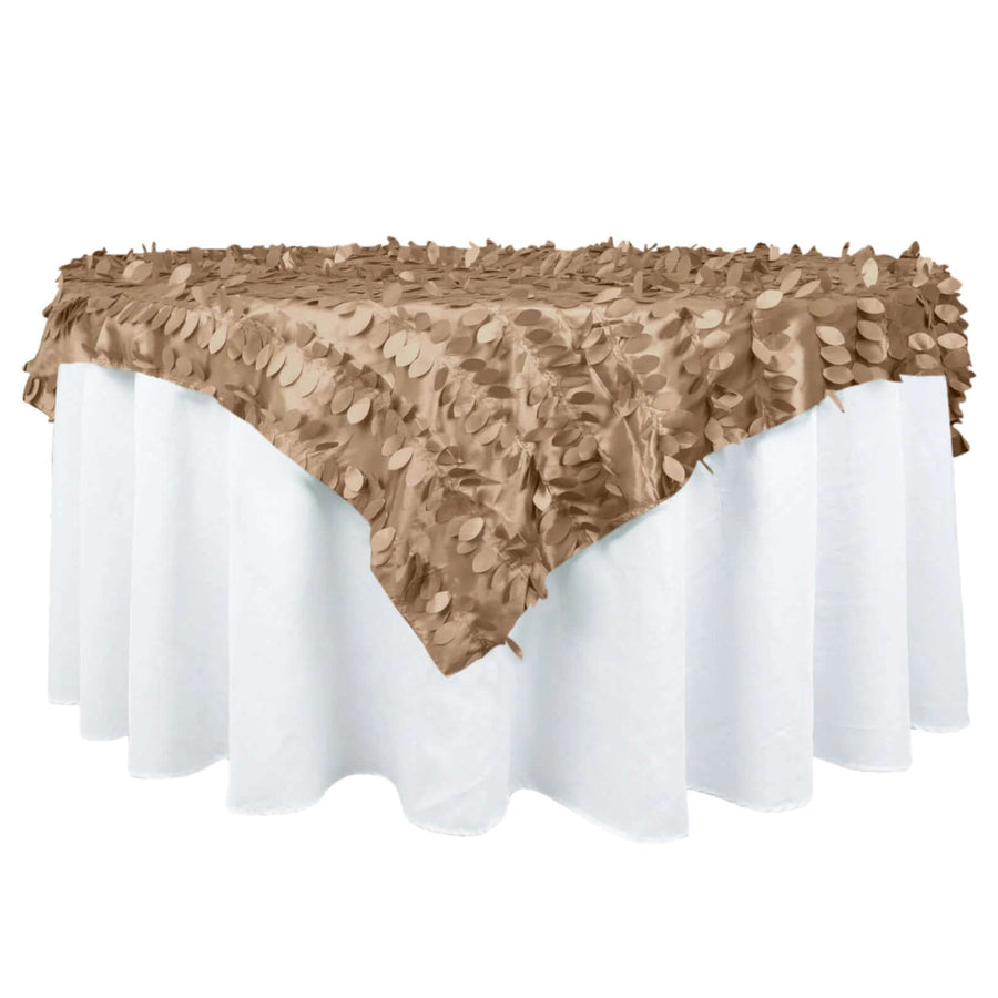 Brown textured tablecloth on a white table.