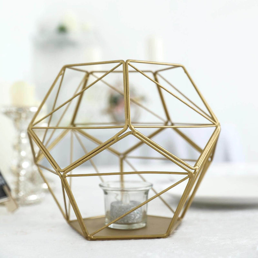 7inch Gold Metal Pentagon Prism Tealight Candle Holder, Open Frame Geometric Flower Stand