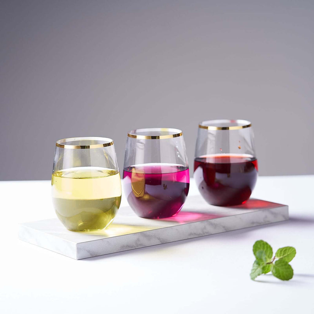 14 oz stemless wine glasses colored Clear Stemless WIne Glass with Gold Rim 12oz