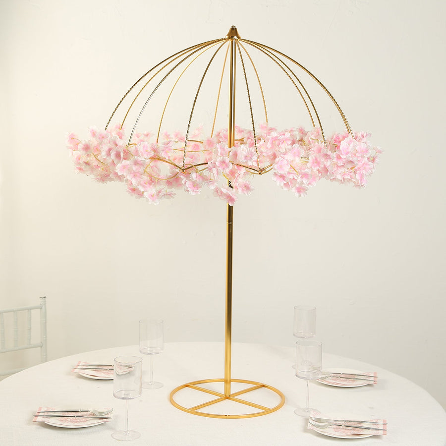 42inch Gold Metal Umbrella Flower Stand with Round Base, Floral Frame Wedding Table Centerpiece