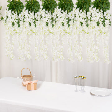 5 Pack 44" White Artificial Silk Hanging Wisteria Flower Vines