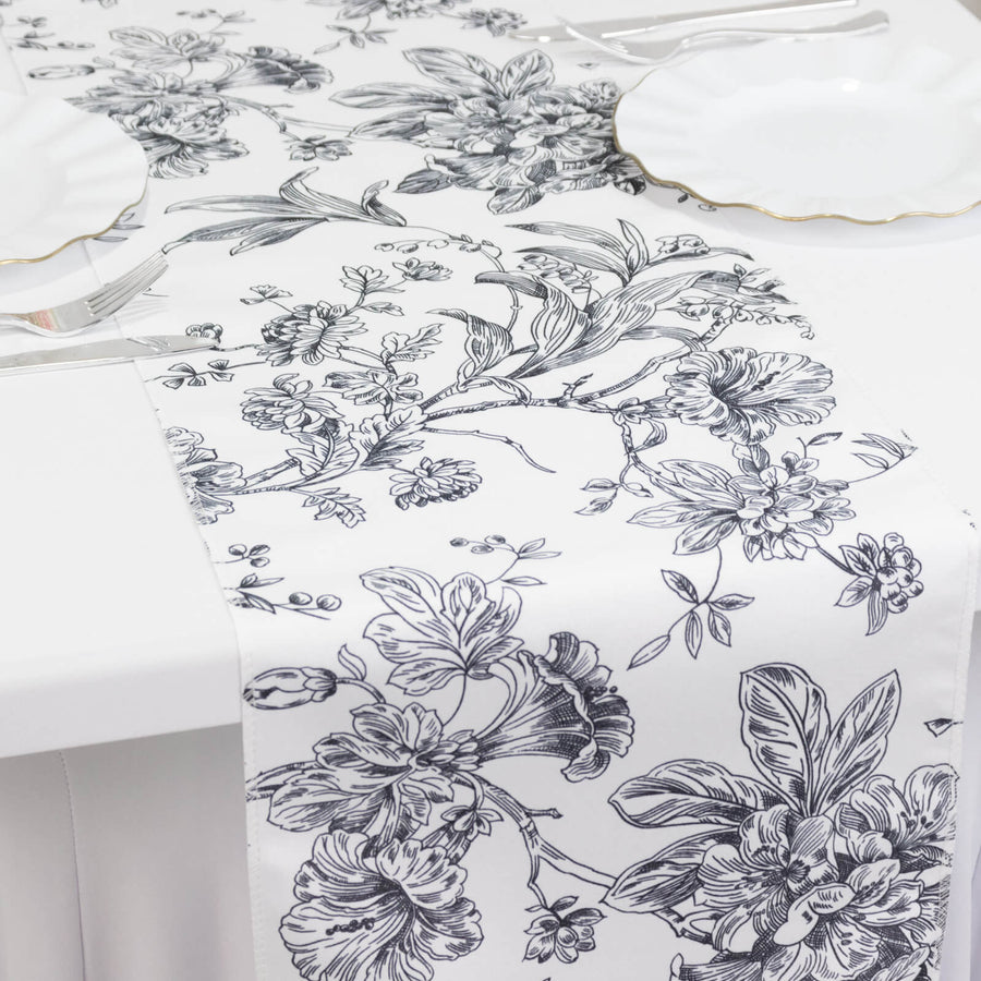 Polyester Table Runner 12x108inch White with Black French Toile Floral