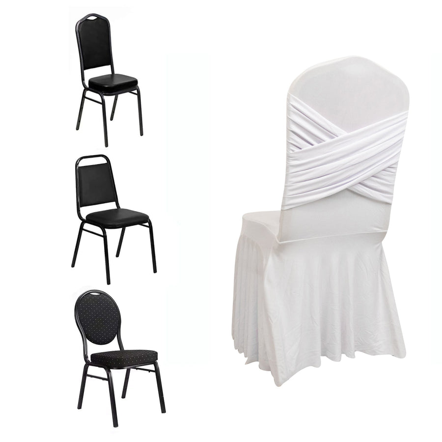 Assorted banquet chairs with white covers on a plain background