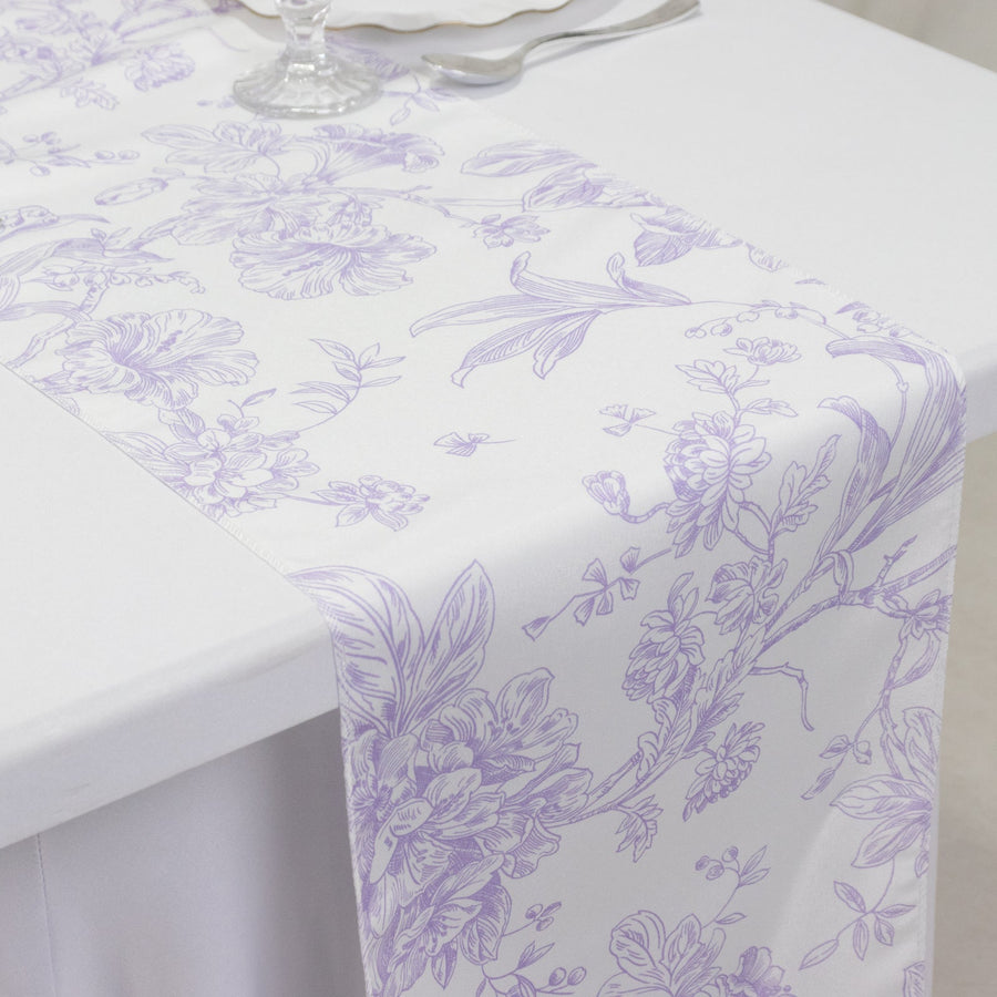 Polyester Table Runner 12x108inch White with Lavender Lilac French Toile Floral Print - Stylish