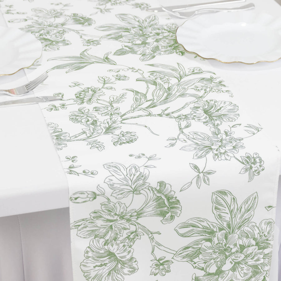 Polyester Table Runner 12x108inch White with Dusty Sage Green French Toile