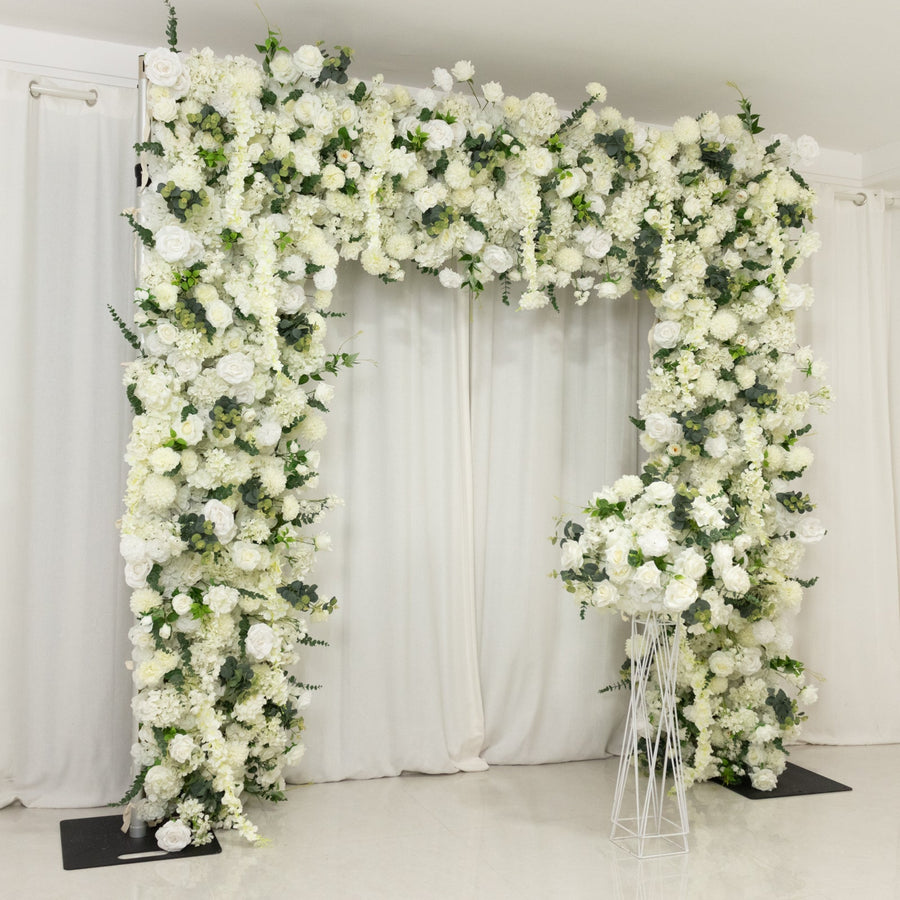 8ftx8ft Roll Up Flower Backdrop for Arch Stand, White with Fabric Backing - Artificial Silk Roses, Hydrangeas & Chrysanthemums for Weddings
