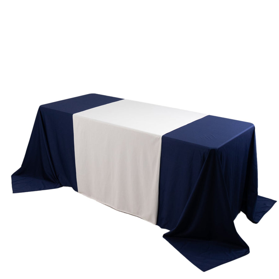 Navy and white tablecloth draped over a rectangular table