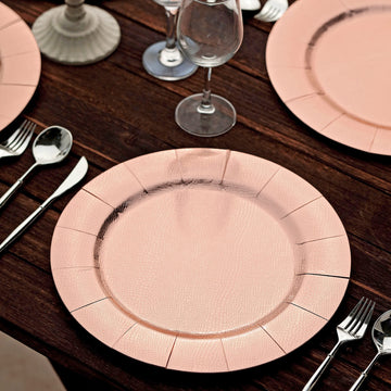 10 Pack Rose Gold Disposable 13" Charger Plates, Cardboard Serving Tray, Round with Leathery Texture - 1100 GSM