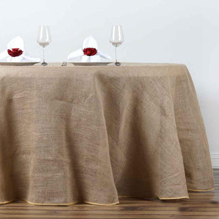 Enhance Your Tablescape with the Natural Charm of the 108" Natural Round Burlap Rustic Seamless Tablecloth