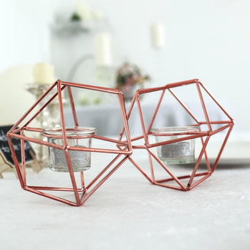 11" Rose Gold Geometric Candle Holder Set Linked Metal Geometric Centerpieces with Votive Glass Holders