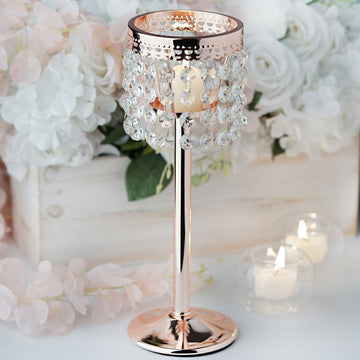 12" Rose Gold Crystal Beaded Chandelier Votive Pillar Candle Holder, Metal Tealight Candle Stand