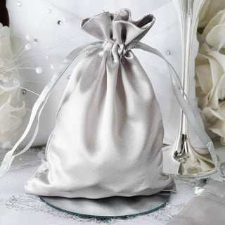 Elegant Silver Satin Drawstring Wedding Party Favor Gift Bags