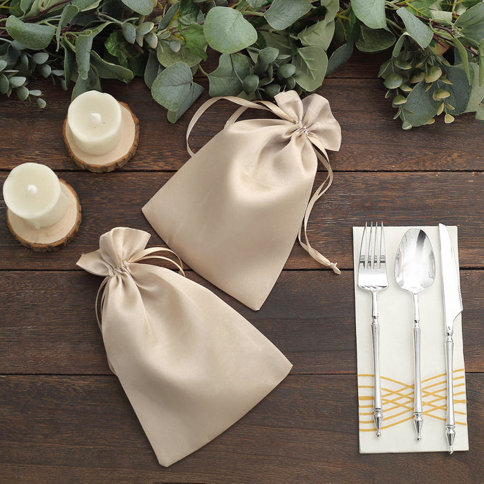 12 Pack | 6inch x 9inch Beige Satin Drawstring Wedding Party Favor Gift Bags