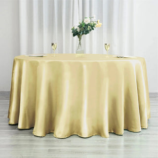 Elevate Your Event with the 120" Champagne Seamless Satin Round Tablecloth