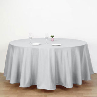 Add Elegance to Your Events with the 120" Silver Seamless Polyester Round Tablecloth