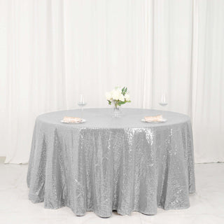 Elevate Your Event with the 120" Silver Seamless Premium Sequin Round Tablecloth Elevate Your Event with the 120" Silver Seamless Premium Sequin Round Tablecloth
