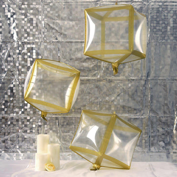 3 Pack 13" 4D Clear Gold Cube Shaped Mylar Foil Helium Air Balloons
