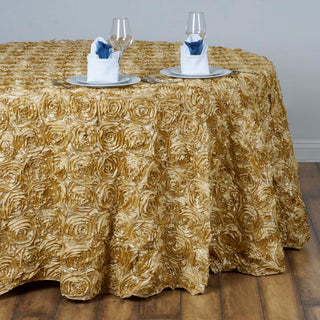Elegant Champagne Seamless Grandiose Rosette 3D Satin Round Tablecloth