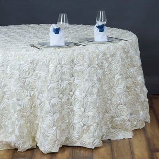 Ivory Seamless Grandiose Rosette 3D Satin Round Tablecloth - Add Elegance and Charm to Your Event Ivory Seamless Grandiose Rosette 3D Satin Round Tablecloth - Add Elegance and Charm to Your Event