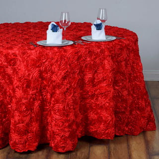 Elegant Red Seamless Grandiose Rosette 3D Satin Round Tablecloth