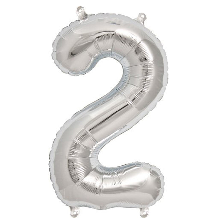 Silver helium number 2 balloon on a plain background