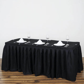 Elevate Your Event Decor with the 17ft Black Pleated Polyester Table Skirt Elevate Your Event Decor with the 17ft Black Pleated Polyester Table Skirt