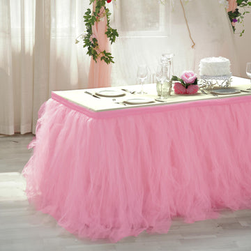 17ft Pink Rose Quartz 4 Layer Tulle Tutu Pleated Table Skirt