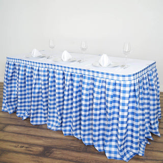 Elevate Your Event Decor with the 17ft White/Blue Buffalo Plaid Gingham Table Skirt