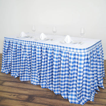 17ft White Blue Buffalo Plaid Gingham Table Skirt, Checkered Polyester Table Skirt