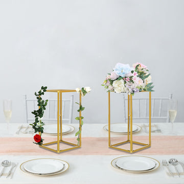 2 Pack 12" Rectangular Gold Metal Wedding Flower Stand, Geometric Column Frame Centerpiece