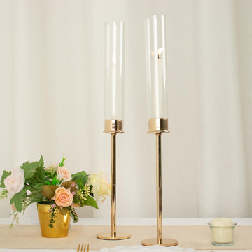 2 Pack 20" Gold Metal Clear Glass Hurricane Candle Stands, Taper Candlestick Holders With Glass Chimney Candle Shades