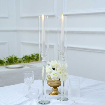 2 Pack 22" Tall Clear Crystal Glass Hurricane Taper Candle Holders With Cylinder Chimney Tubes