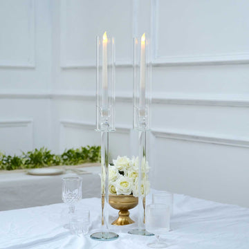 2 Pack 26" Tall Clear Crystal Glass Hurricane Taper Candle Holders With Cylinder Chimney Tubes
