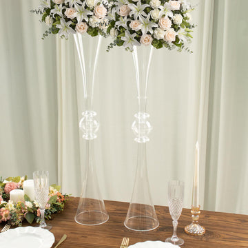 2 Pack 31" Clear Crystal Embellishment Trumpet Flower Vase, Reversible Plastic Table Centerpiece