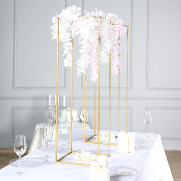 2 Pack 40" Rectangular Gold Metal Wedding Flower Stand, Geometric Column Frame Centerpiece