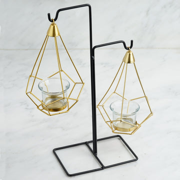 2 Pack 8" Gold Hanging Geometric Tealight Candle Holders with 14" Tall Black Iron Stand