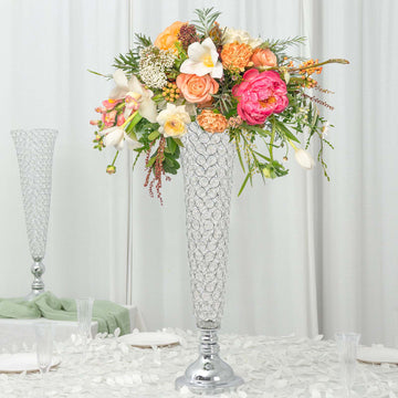 2 Pack Silver 28” Tall Crystal Beaded Trumpet Vase Set, Table Centerpiece