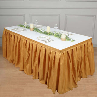 Add Elegance to Your Event with the 21ft Gold Pleated Polyester Table Skirt Add Elegance to Your Event with the 21ft Gold Pleated Polyester Table Skirt