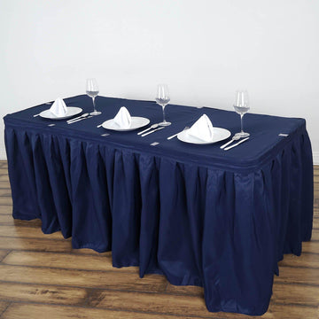 21ft Navy Blue Pleated Polyester Table Skirt, Banquet Folding Table Skirt