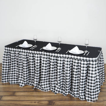 21ft White Black Buffalo Plaid Gingham Table Skirt, Checkered Polyester Table Skirt